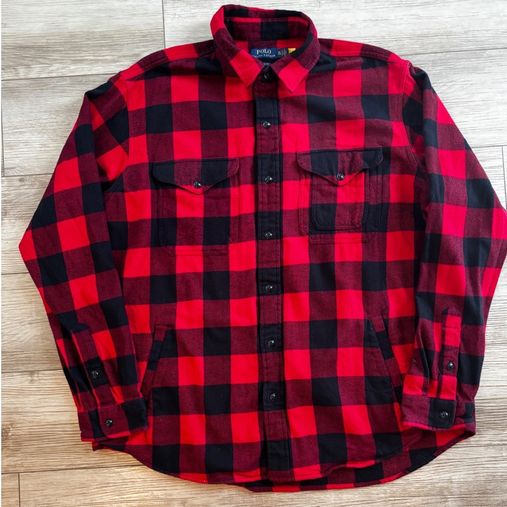 Polo Ralph Lauren Mens XXL Red Black Buffalo Plaid Flannel Button Down Shacket